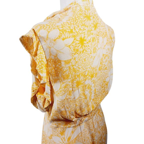 Taylor, Yellow & White Floral Midi Dress, Med., Lined, Ruffled Neck & Sleeve - Picture 8 of 13